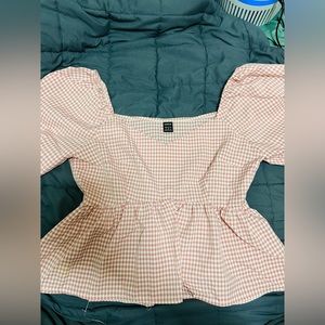 Shein - Puff Sleeve Ruffle Hem Gingham Blouse